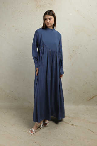 Asimetrik Büzgülü Elbise İndigo - 4