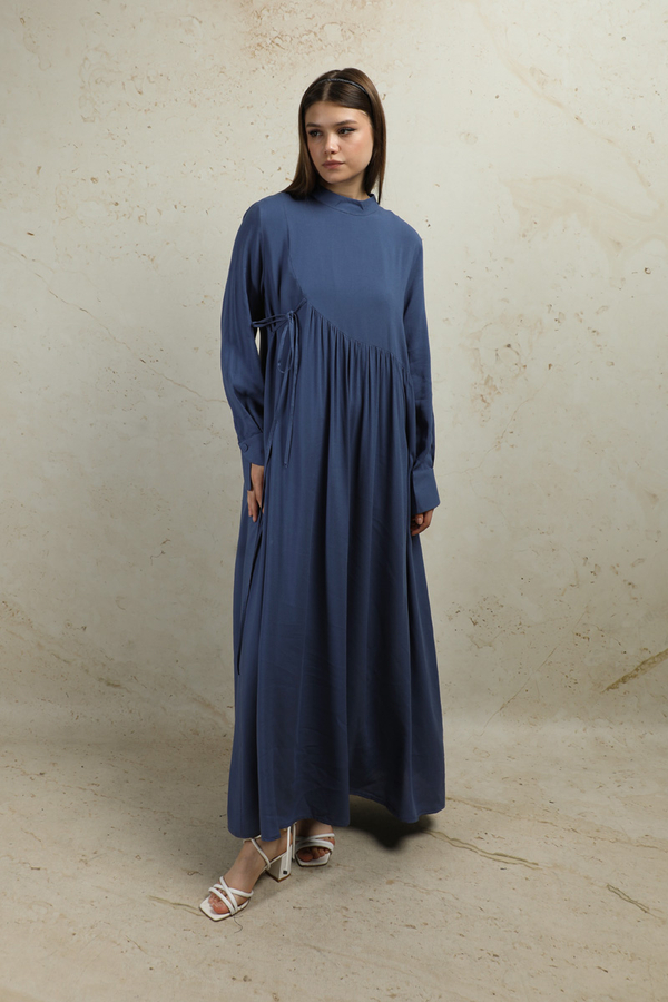 Asimetrik Büzgülü Elbise İndigo - 4