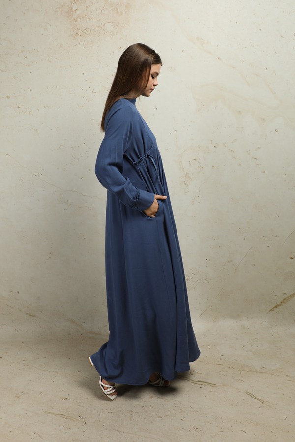 Asimetrik Büzgülü Elbise İndigo - 6