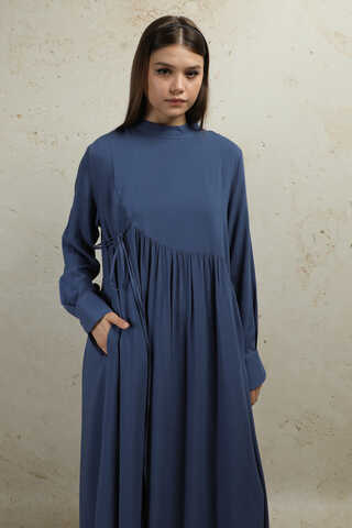 Asimetrik Büzgülü Elbise İndigo - 2