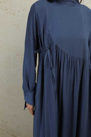 Asimetrik Büzgülü Elbise İndigo - 5