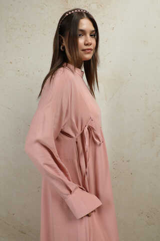 Asimetrik Büzgülü Elbise Pudra - 5