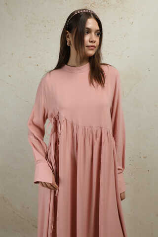 Asimetrik Büzgülü Elbise Pudra - 2