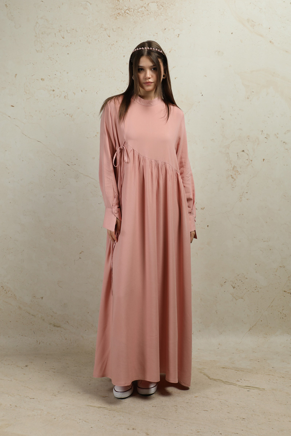 Asimetrik Büzgülü Elbise Pudra - 1