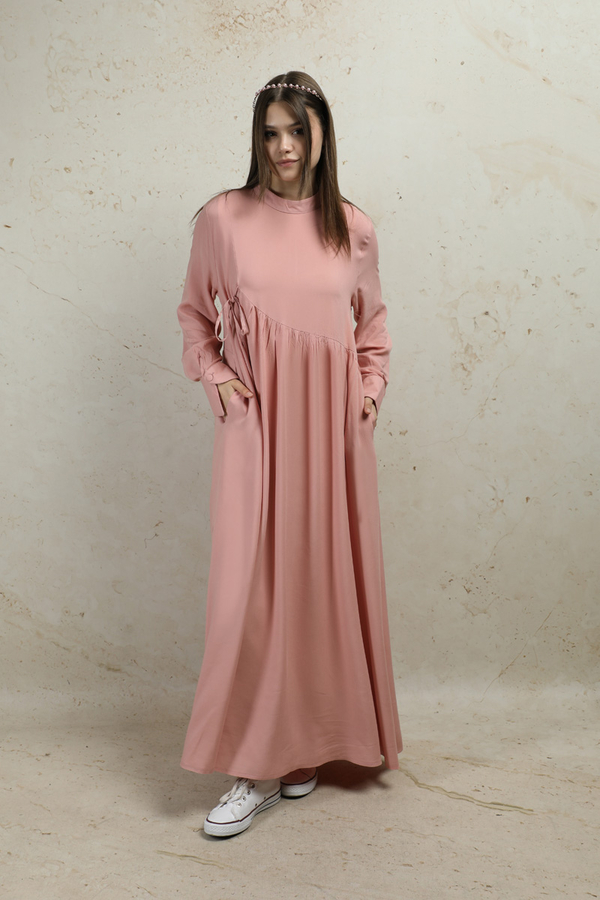Asimetrik Büzgülü Elbise Pudra - 4