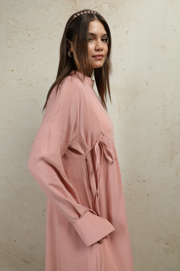 Asimetrik Büzgülü Elbise Pudra - 5