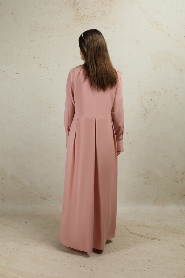 Asimetrik Büzgülü Elbise Pudra - 6