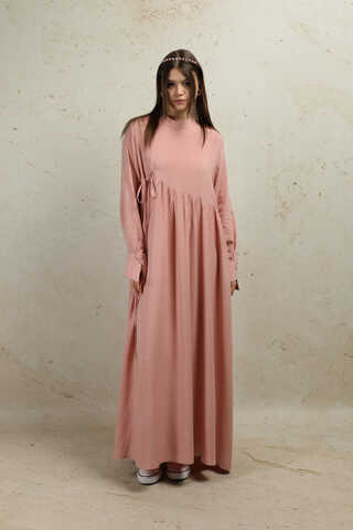 Asimetrik Büzgülü Elbise Pudra - 1