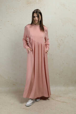 Asimetrik Büzgülü Elbise Pudra - 4