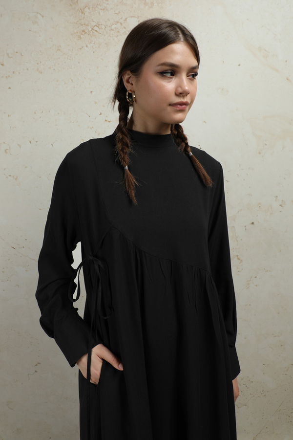 Asimetrik Büzgülü Elbise Siyah - 3