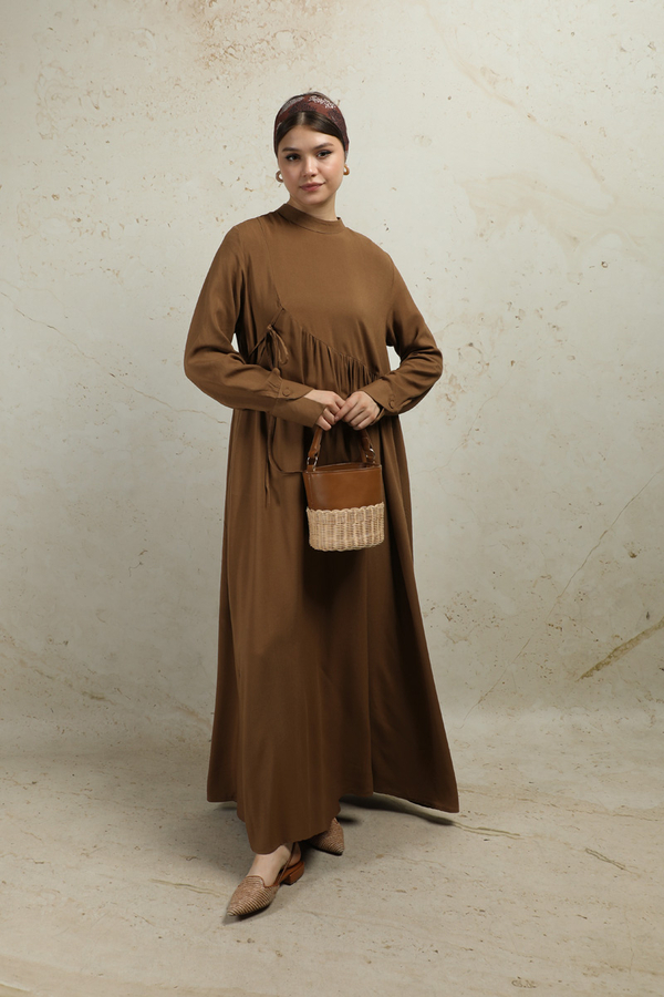 Asimetrik Büzgülü Elbise Taba - 2