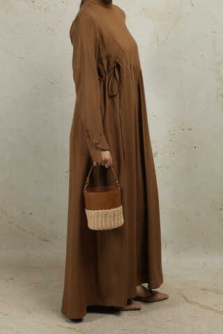 Asimetrik Büzgülü Elbise Taba - 3