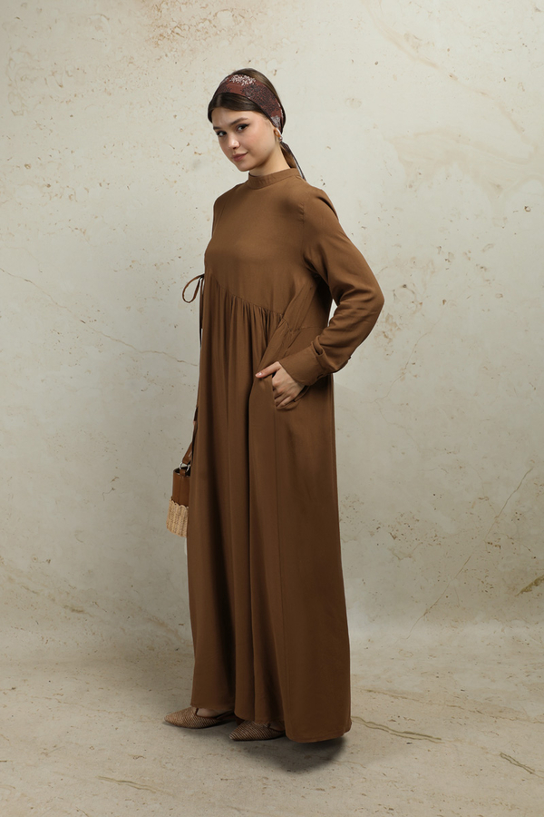 Asimetrik Büzgülü Elbise Taba - 6