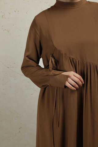 Asimetrik Büzgülü Elbise Taba - 4