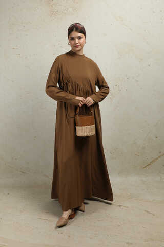 Asimetrik Büzgülü Elbise Taba - 2