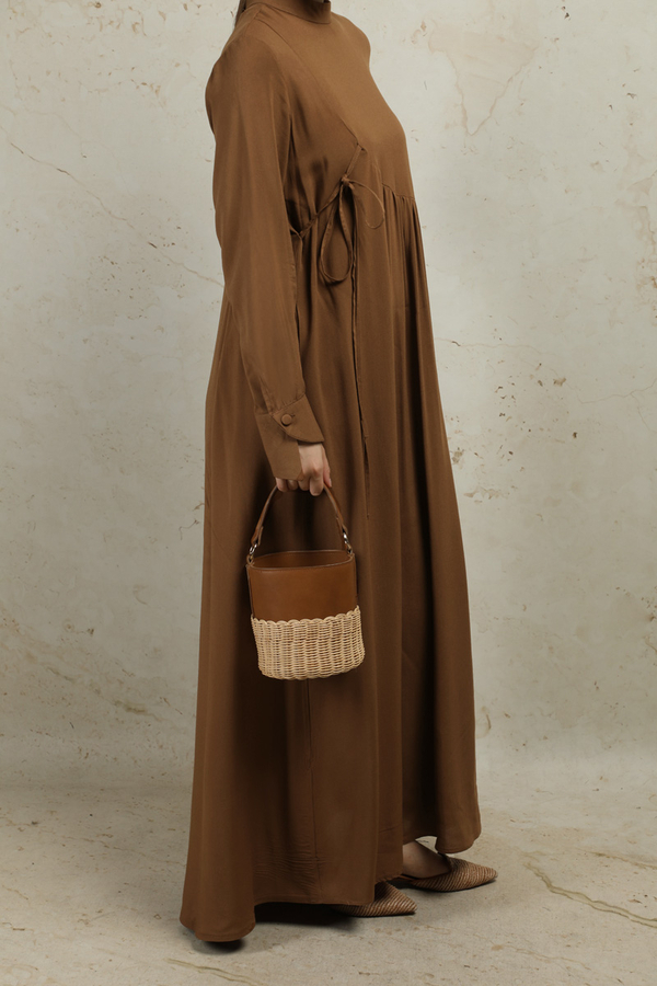 Asimetrik Büzgülü Elbise Taba - 3