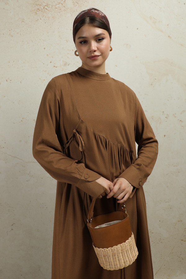 Asimetrik Büzgülü Elbise Taba - 1