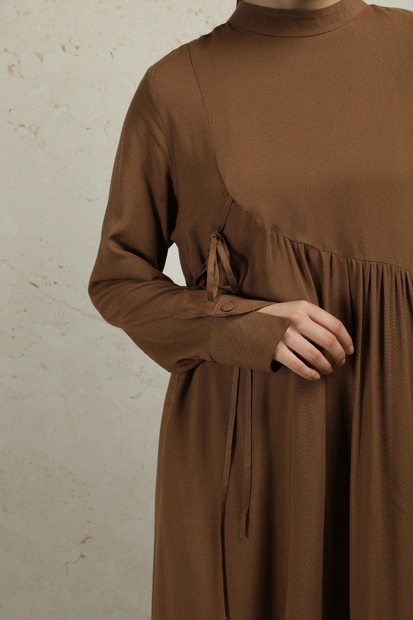 Asimetrik Büzgülü Elbise Taba - 4