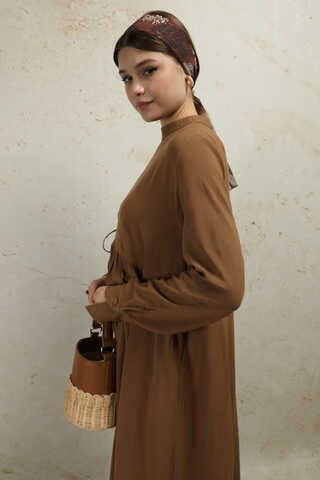 Asimetrik Büzgülü Elbise Taba - 5