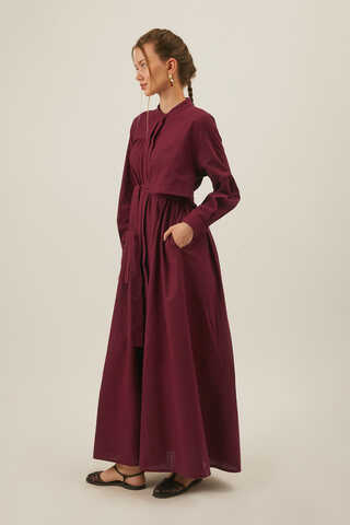Asimetrik Düğmeli Elbise Bordo - 9