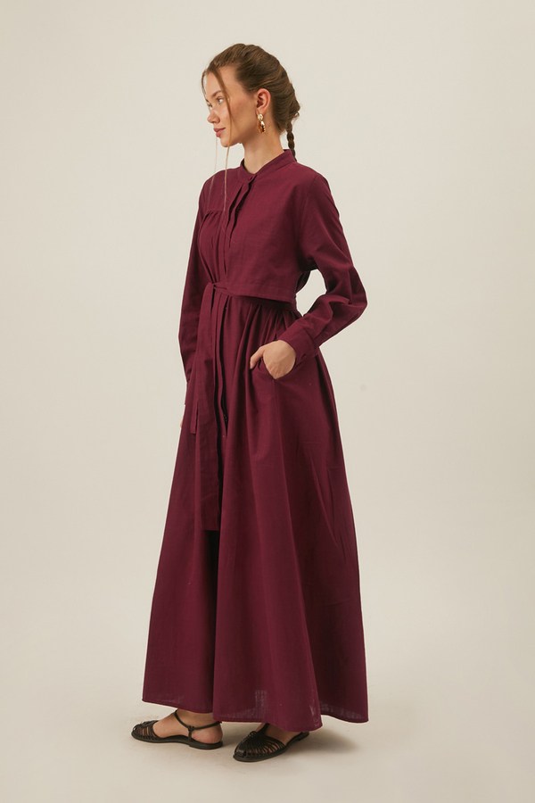 Asimetrik Düğmeli Elbise Bordo - 9