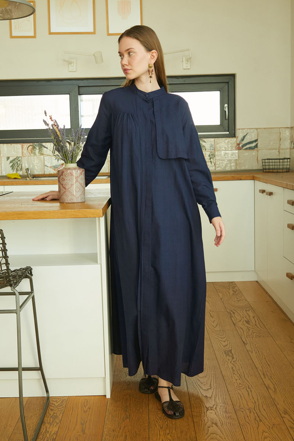 Asimetrik Düğmeli Elbise Lacivert - 1