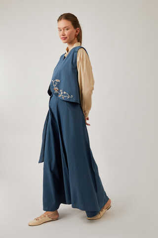 Asimetrik Etekli Yelek Takım İndigo - 3