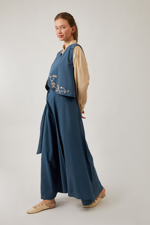 Asimetrik Etekli Yelek Takım İndigo - 3