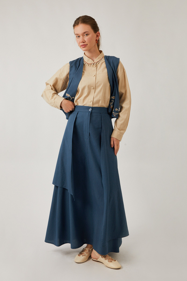 Asimetrik Etekli Yelek Takım İndigo - 4