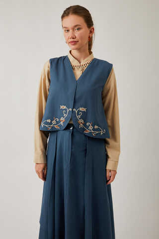 Asimetrik Etekli Yelek Takım İndigo - 2