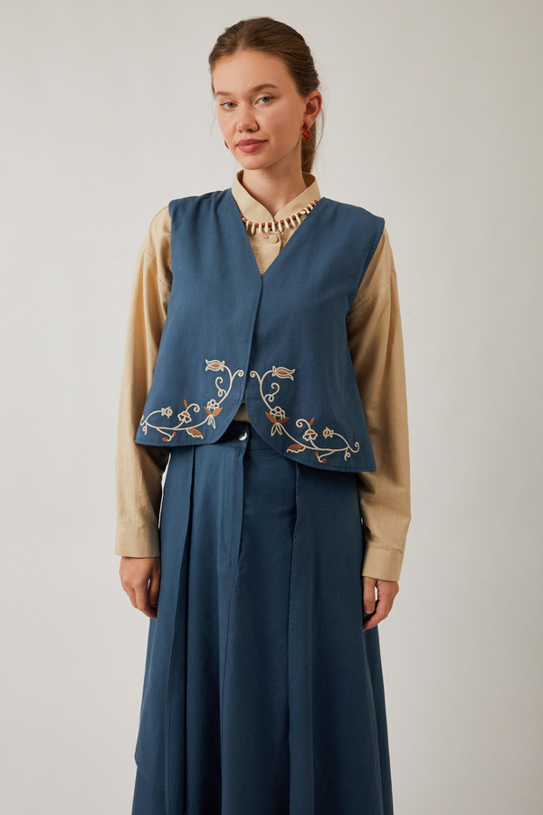 Asimetrik Etekli Yelek Takım İndigo - 2