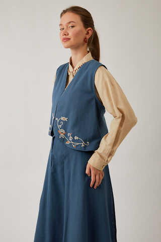 Asimetrik Etekli Yelek Takım İndigo - 5