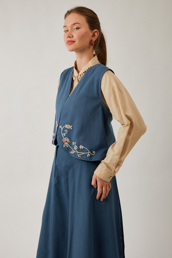 Asimetrik Etekli Yelek Takım İndigo - 5