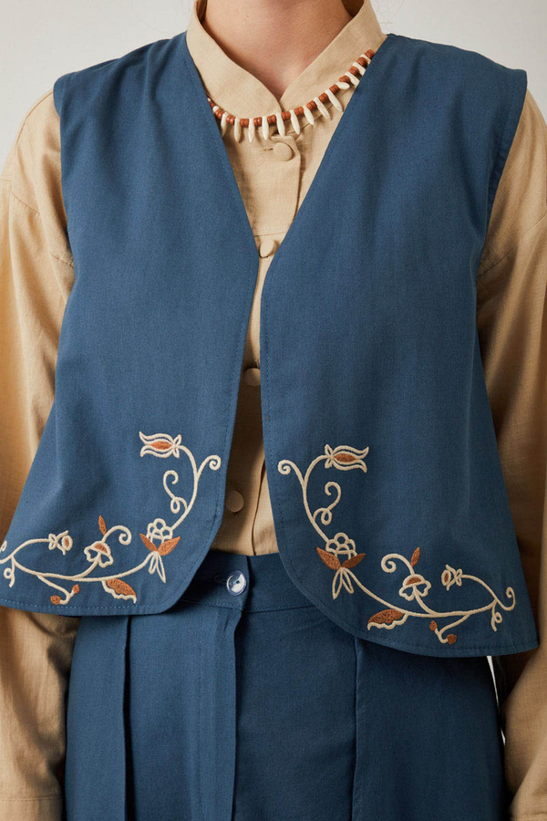 Asimetrik Etekli Yelek Takım İndigo - 6