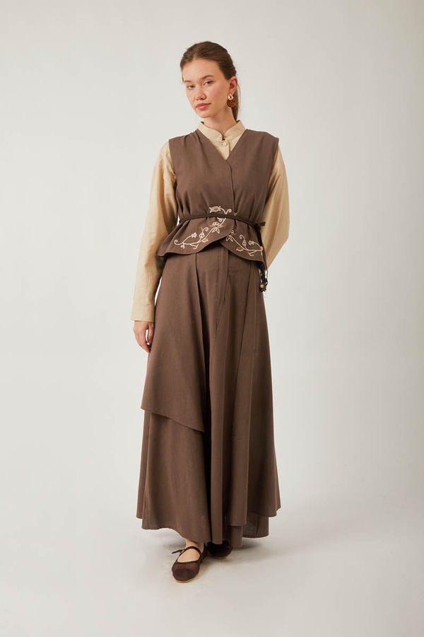 Asimetrik Etekli Yelek Takım Kahverengi - 2