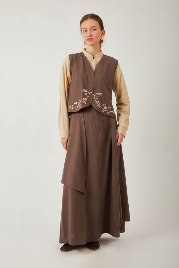 Asimetrik Etekli Yelek Takım Kahverengi - 4