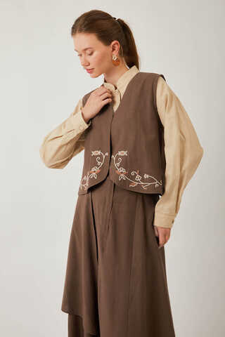 Asimetrik Etekli Yelek Takım Kahverengi - 1