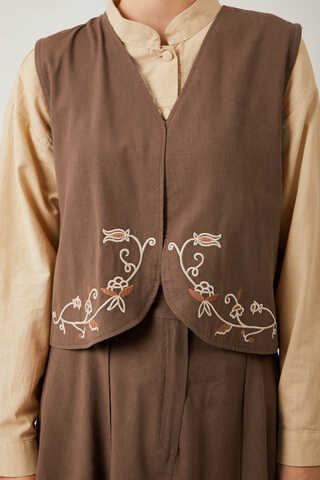 Asimetrik Etekli Yelek Takım Kahverengi - 6