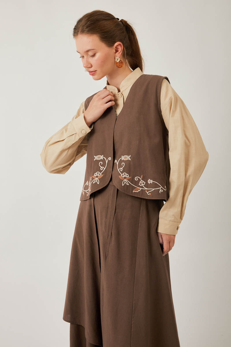 Asimetrik Etekli Yelek Takım Kahverengi