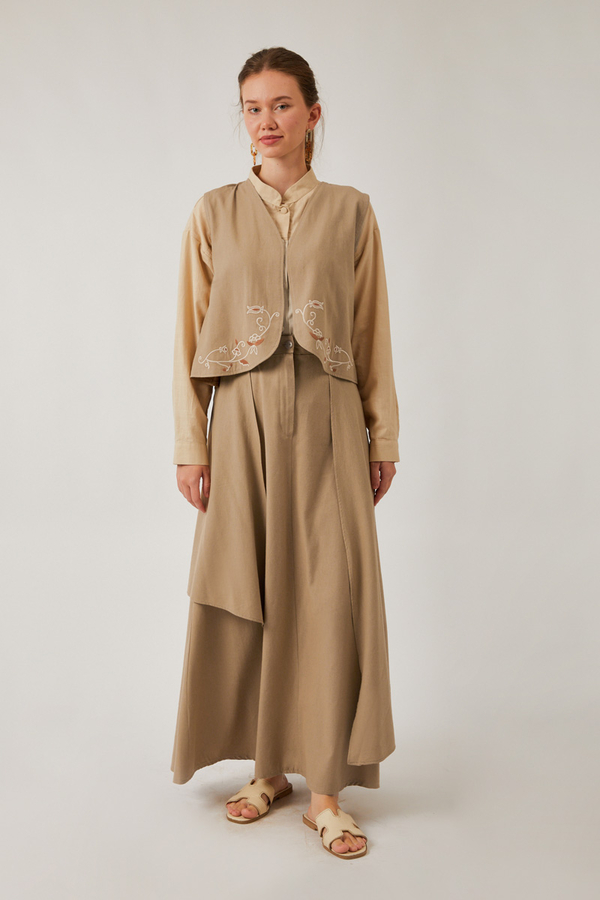 Asimetrik Etekli Yelek Takım Vizon - 1