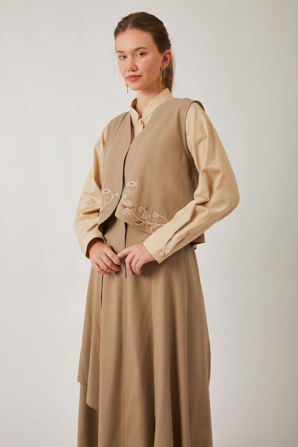 Asimetrik Etekli Yelek Takım Vizon - 4