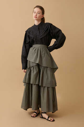 Asimetrik Fırfırlı Etek Haki - 1