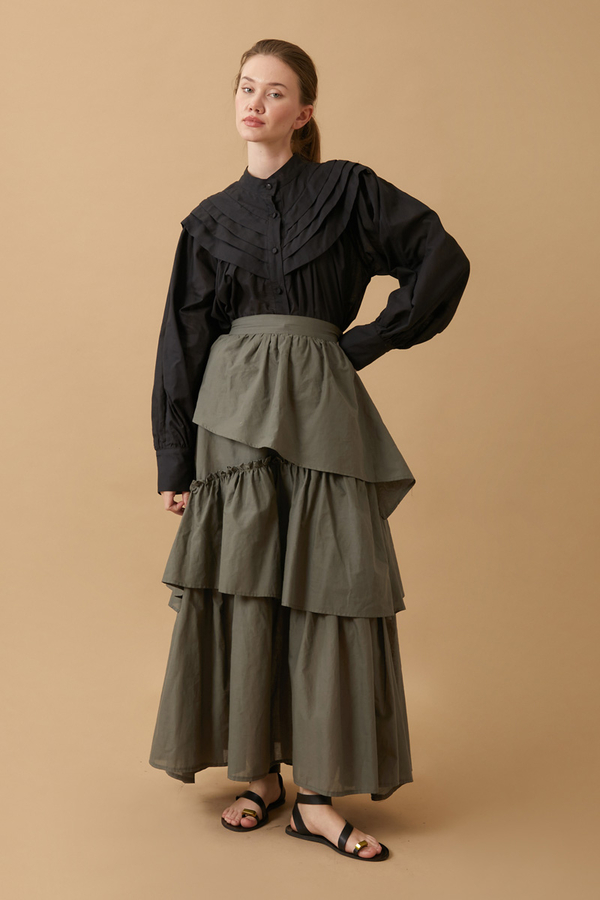 Asimetrik Fırfırlı Etek Haki 