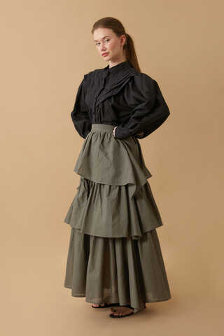 Asimetrik Fırfırlı Etek Haki - 2