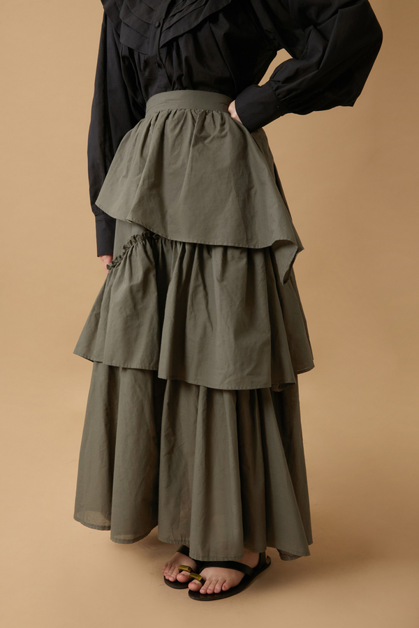 Asimetrik Fırfırlı Etek Haki - 4