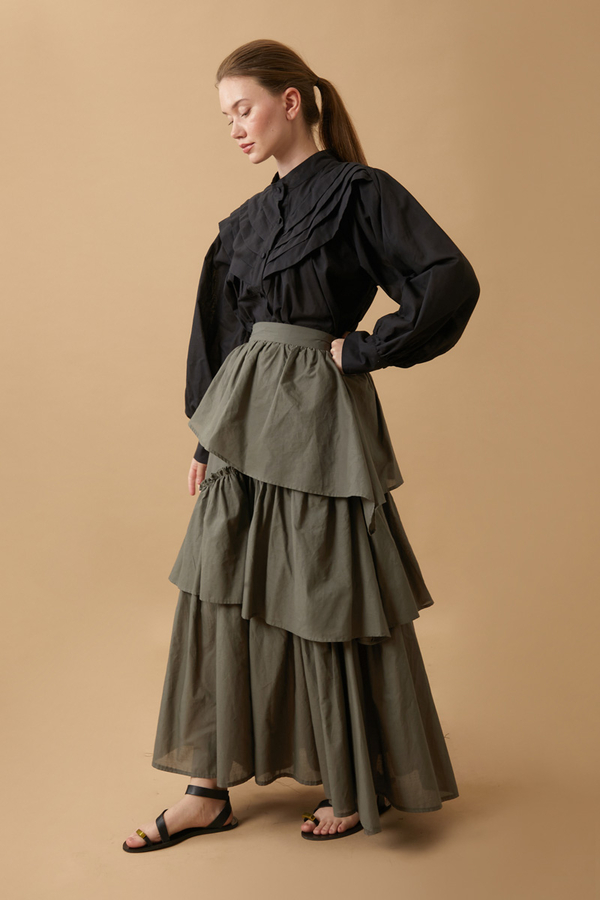 Asimetrik Fırfırlı Etek Haki - 5