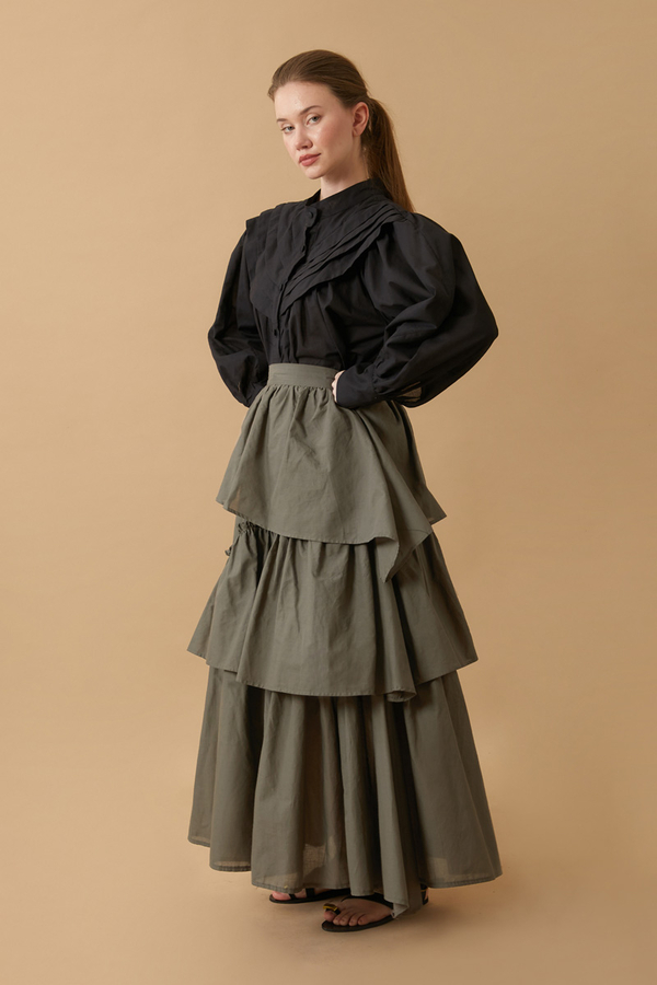 Asimetrik Fırfırlı Etek Haki - 2