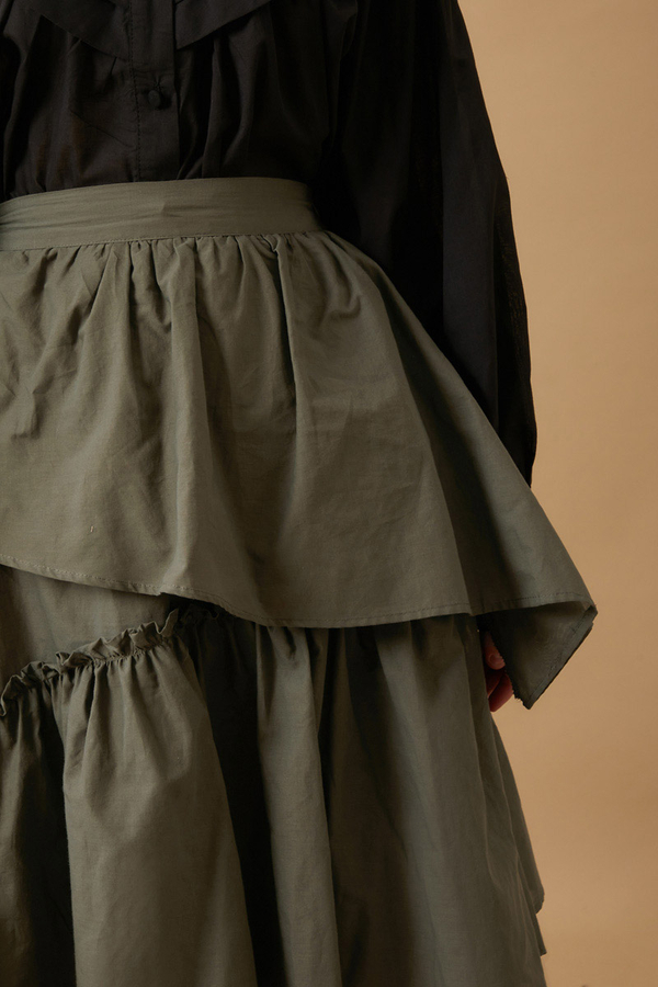 Asimetrik Fırfırlı Etek Haki - 3
