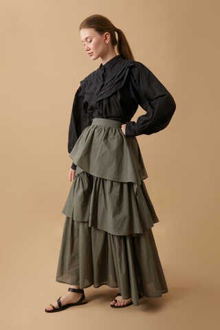 Asimetrik Fırfırlı Etek Haki - 5