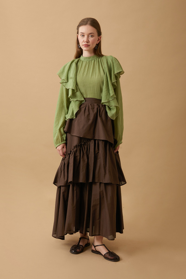 Asimetrik Fırfırlı Etek Kahverengi - 11